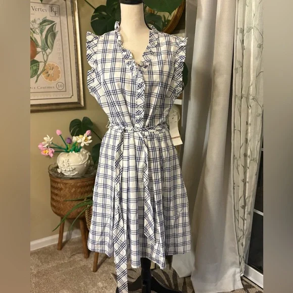 NWT White/Navy Blue Plaid Checkered Ruffle Mini Dress - Picture 2 of 11